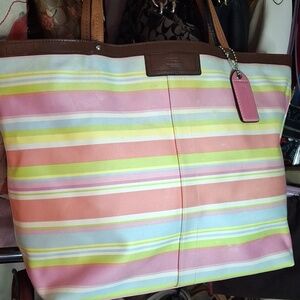 COACH MULTI COLORED STRIPE CANVAS XL TOTE*REFINISHED leather by me